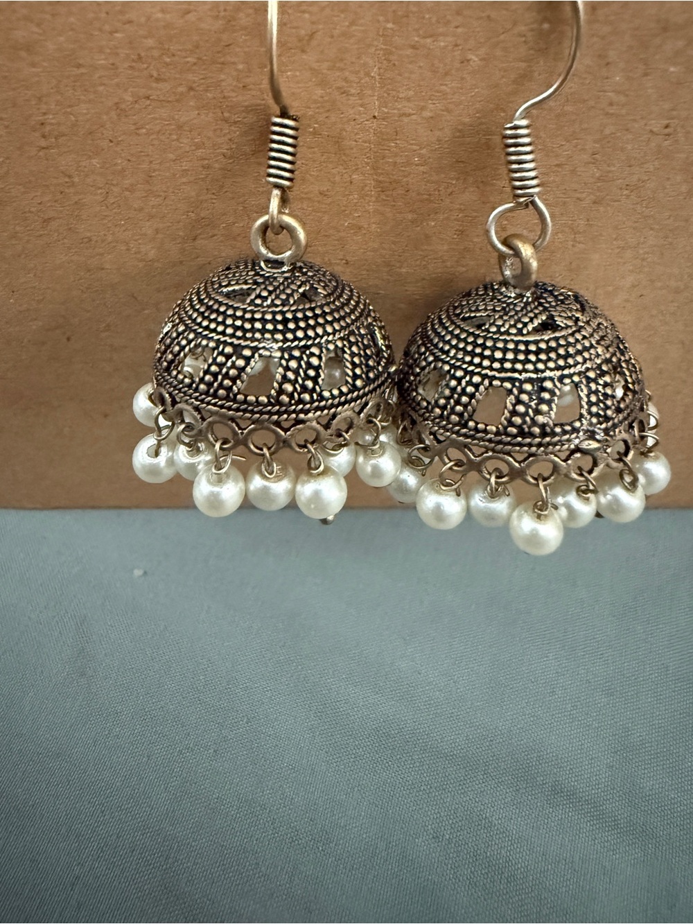 Ethnic Indian Wear Silver Filigree Jhumka Earrings with White Pearl Beads